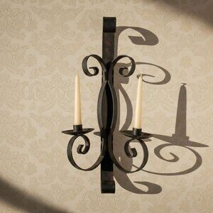 Vintage Wrought Iron Wall Sconce Candelabra Rustic Black Metal Scroll 2-Candle